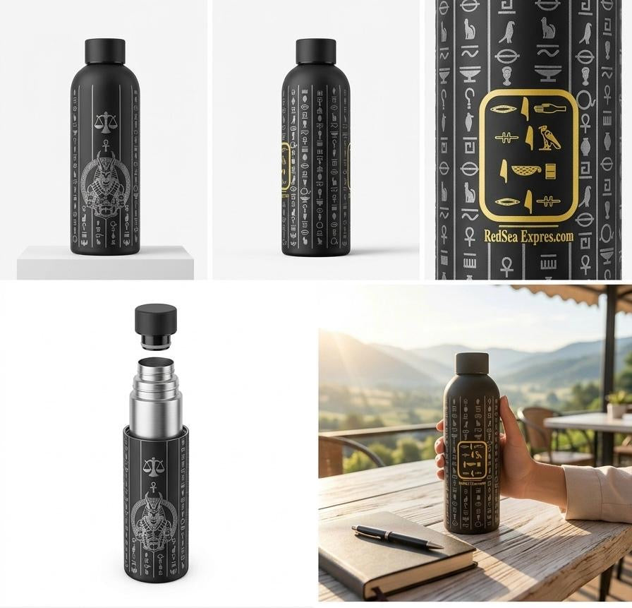 Anubis Thermal Bottle – Embossed Egyptian Hieroglyphics