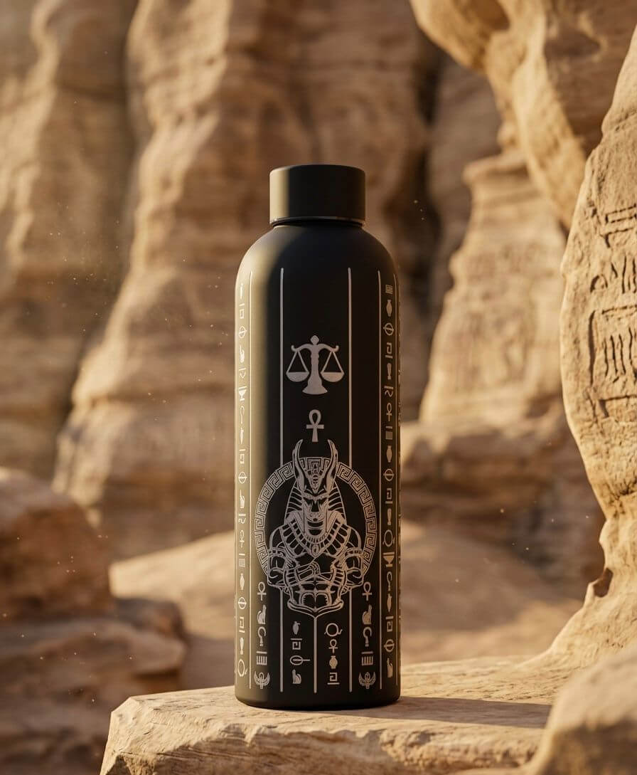 Anubis Thermal Bottle – Embossed Egyptian Hieroglyphics