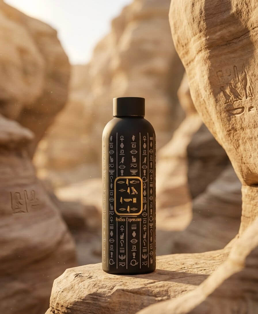 Anubis Thermal Bottle – Embossed Egyptian Hieroglyphics